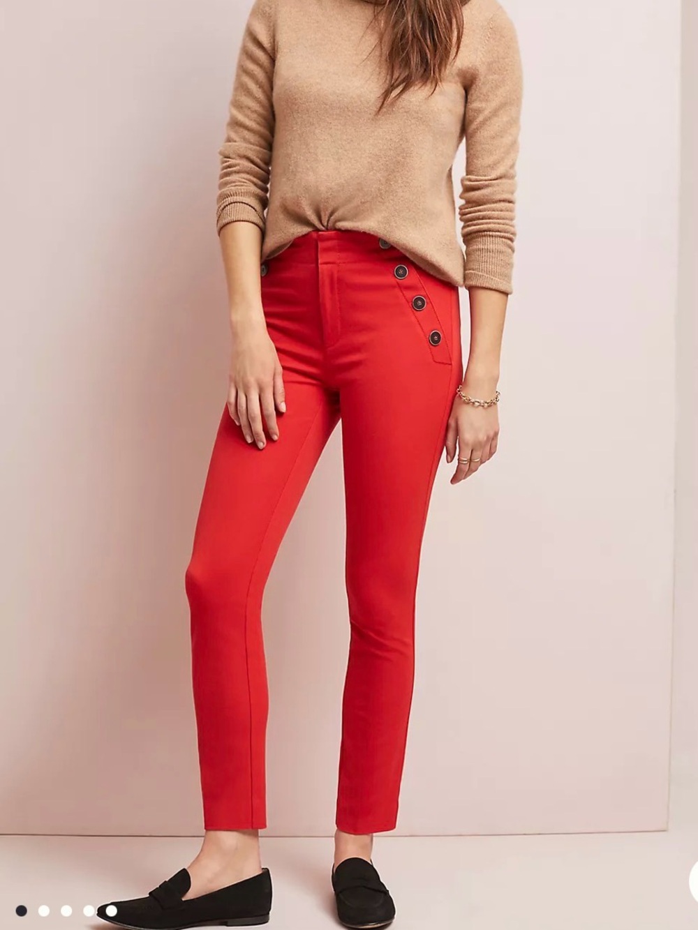 Anthropologie Essential Slim Trousers Red Straight-Leg Pants Sailor Buttons Sz 2